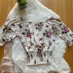 Rue21 White and Red Smocked Ruffled Blouse